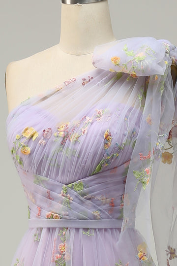 Purple A-Line Long Ball Dress With Embroidery